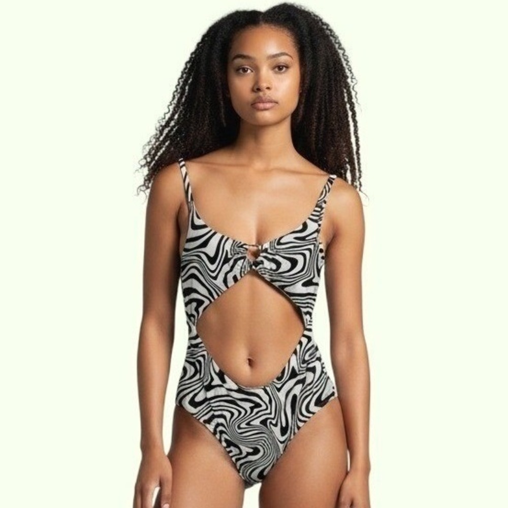 YMI‎ One Piece Swimsuit 1XL Black White Swirl Cutout O-Ring Psychedelic Retro